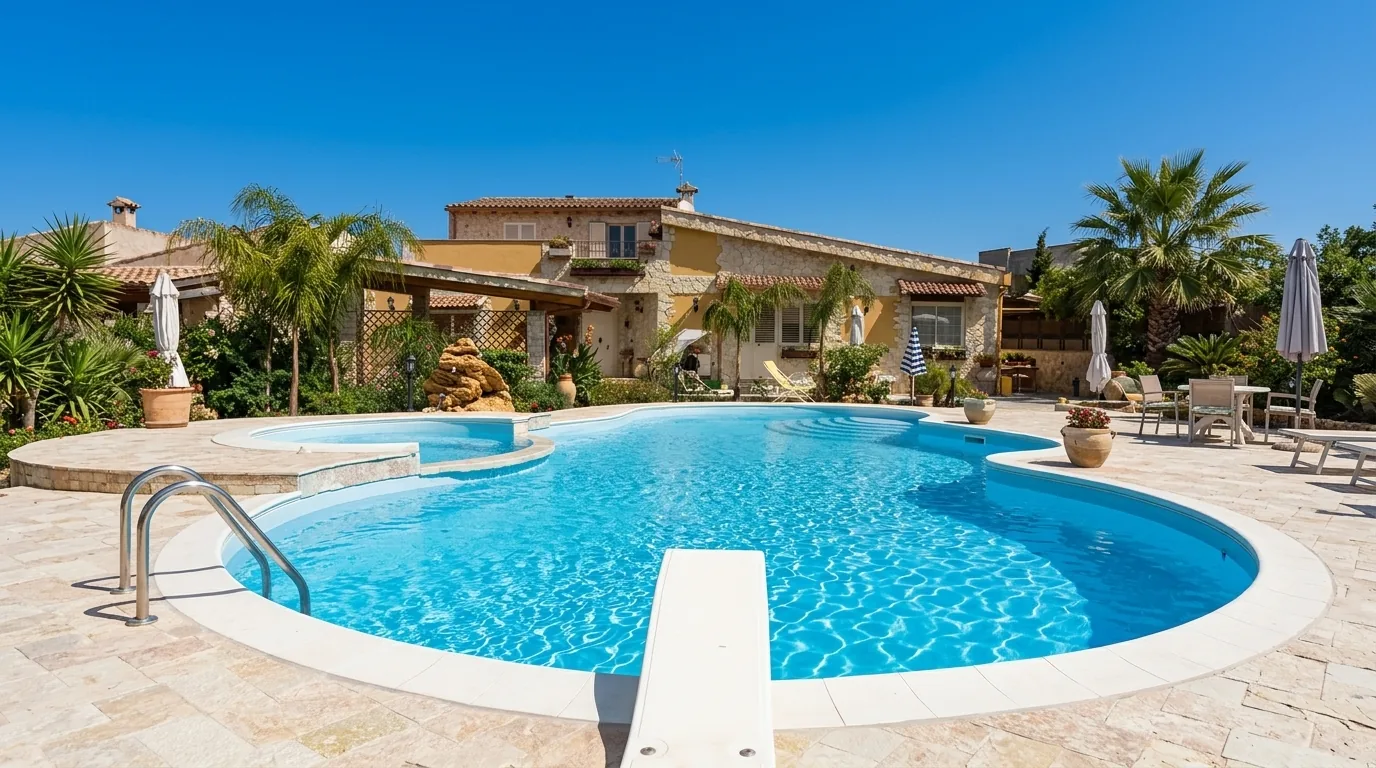Piscina a forma libera su due livelli con solarium