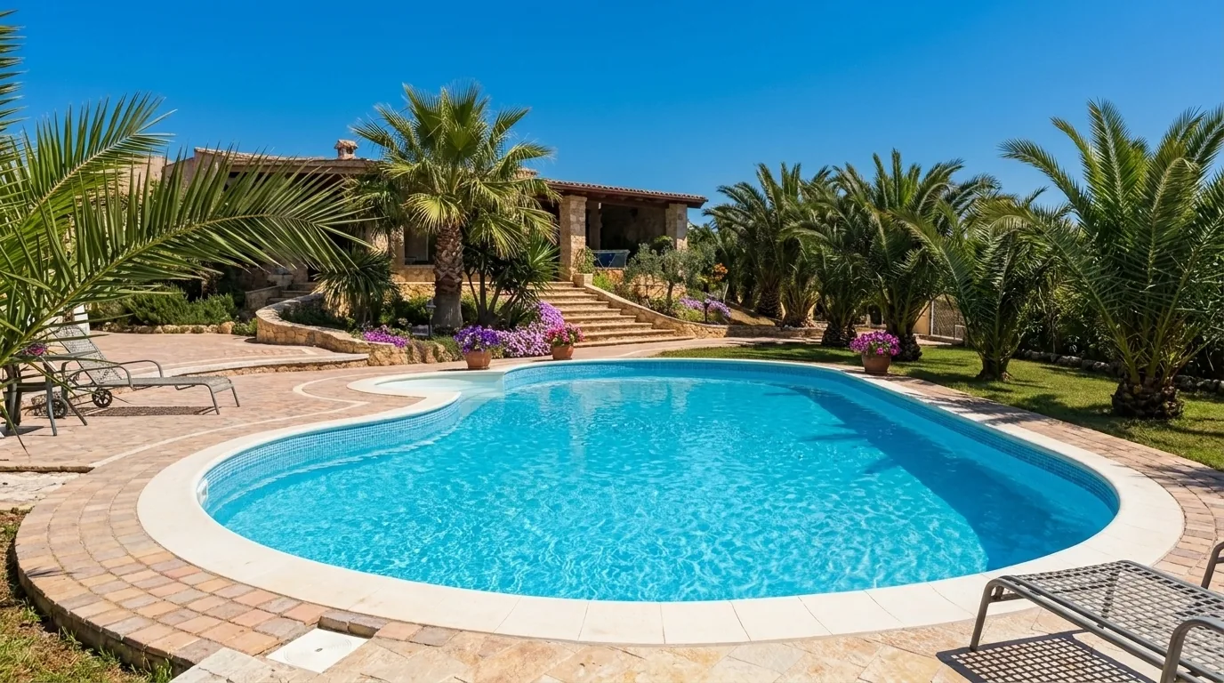 Piscina a forma libera circondata da palme e giardino