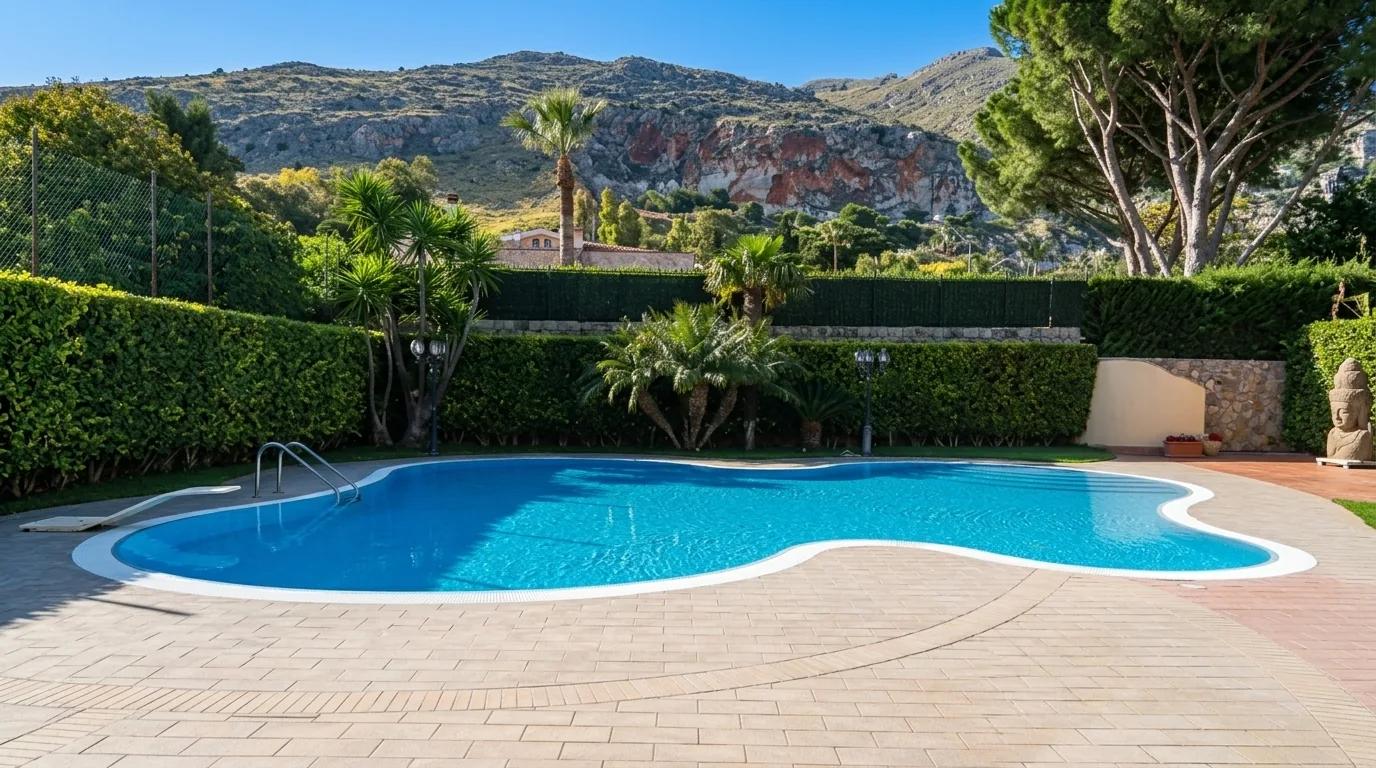 Piscina organica con solarium e vista sui rilievi