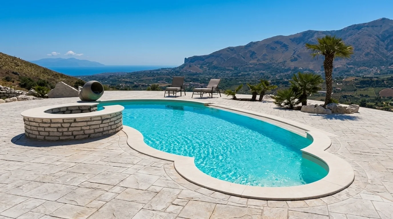 Piscina a forma libera panoramica con vista sul mare e sui rilievi