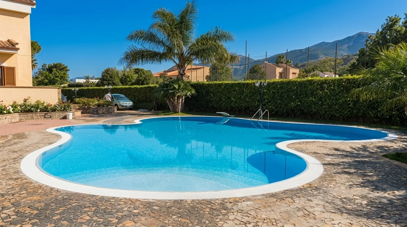 Piscina a forma libera con ingresso a spiaggia e bordo bianco