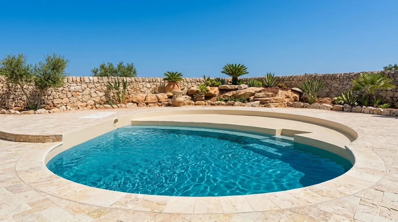 Piscina organica compatta con seduta e gradini integrati