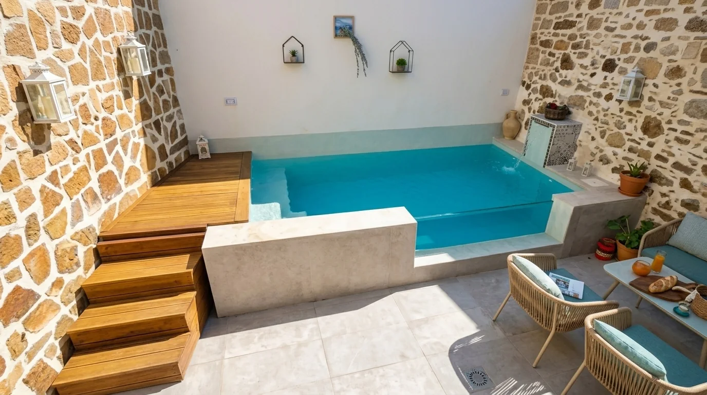 Piscina fuori terra con parete trasparente in una corte in pietra