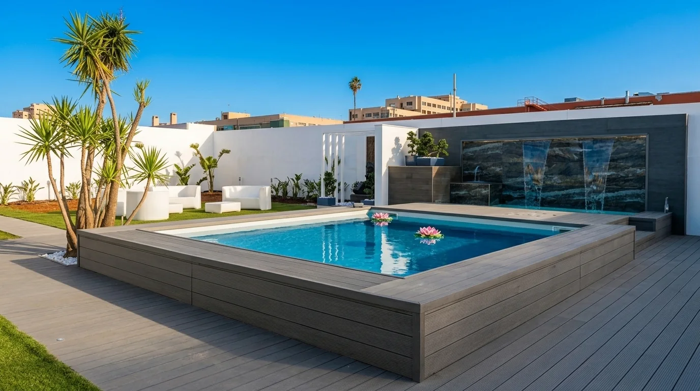 Piscina fuori terra rivestita in decking con parete a cascata