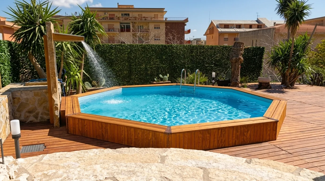 Piscina fuori terra rivestita in legno con cascata