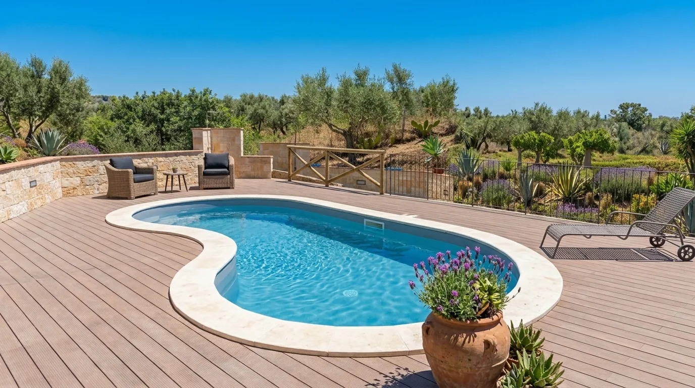 Piscina a forma libera su terrazza con pavimentazione in legno