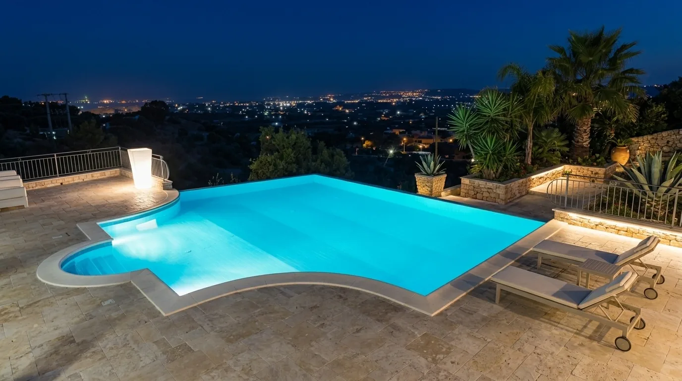 Piscina a sfioro illuminata di sera con vista panoramica