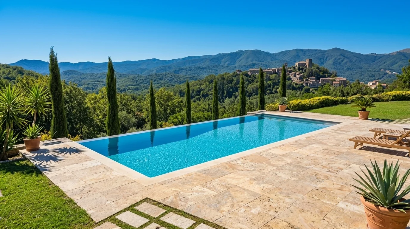 Piscina rettangolare a sfioro con vista sulle colline