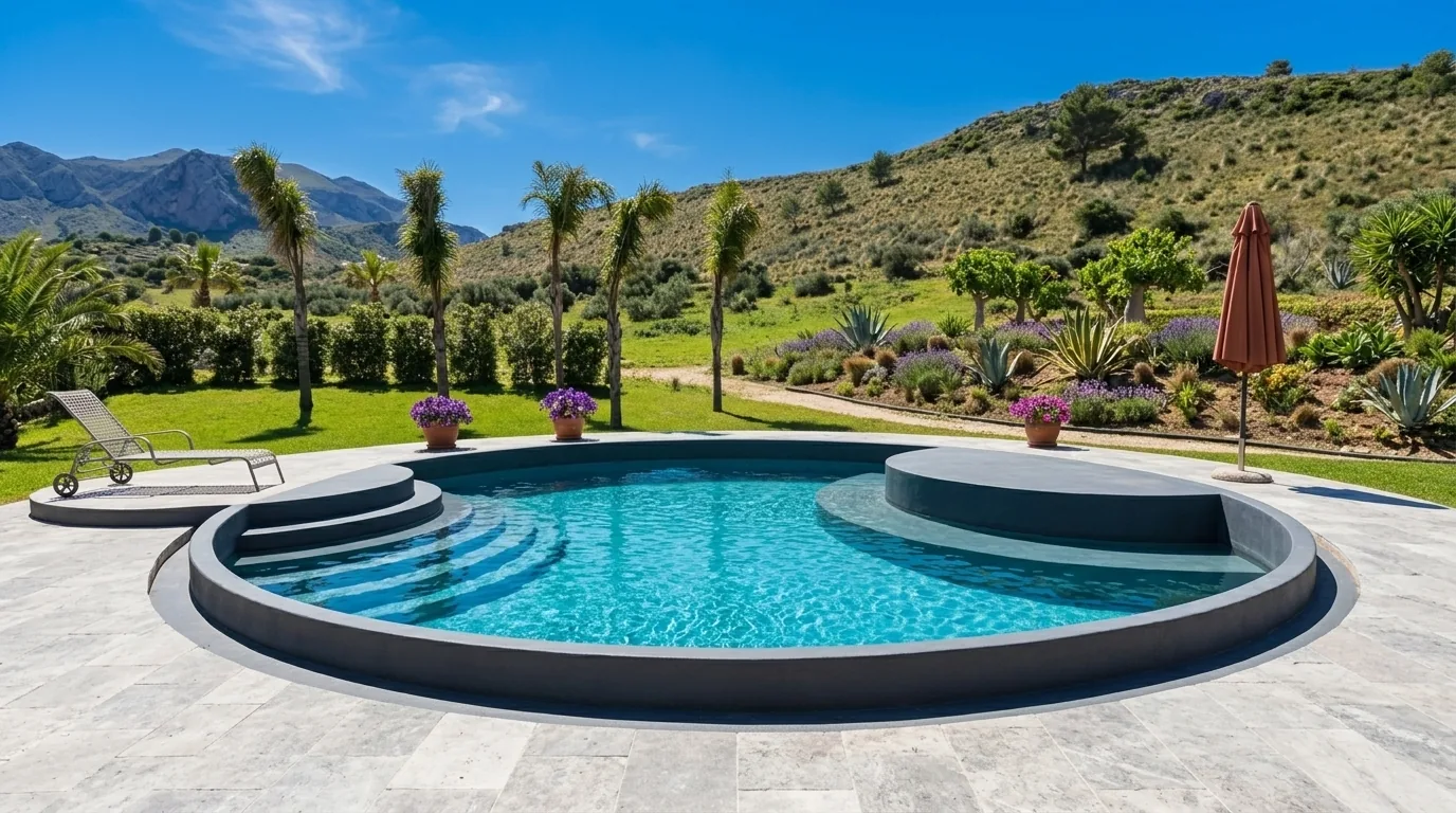 Piscina circolare a sfioro con scale integrate