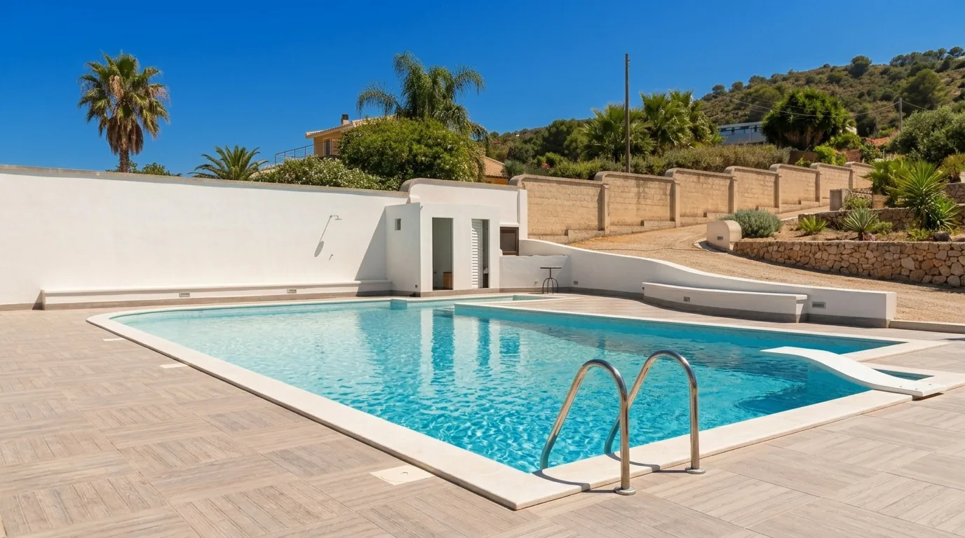 Piscina a skimmer con pedana centrale e ampio solarium