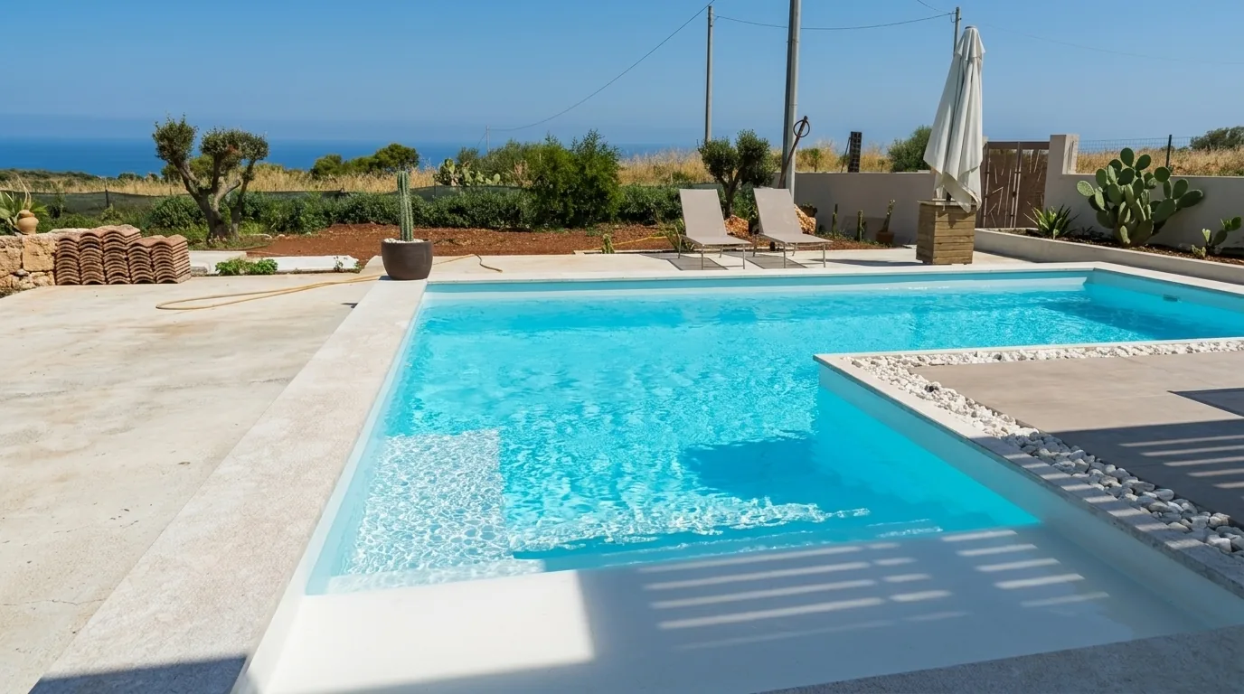 Piscina a skimmer con scala integrata e vista mare