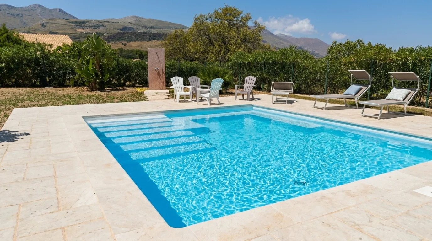 Piscina a skimmer rettangolare in un giardino mediterraneo