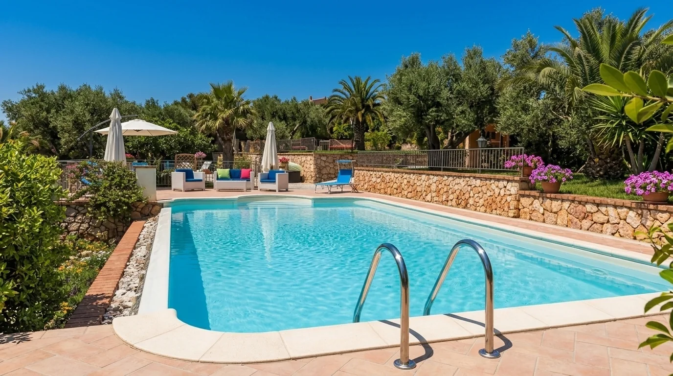 Piscina a skimmer con scala curva in un giardino mediterraneo