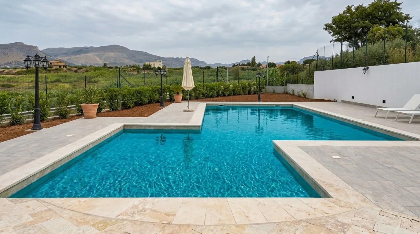 Piscina a skimmer con forma articolata e paesaggio montano