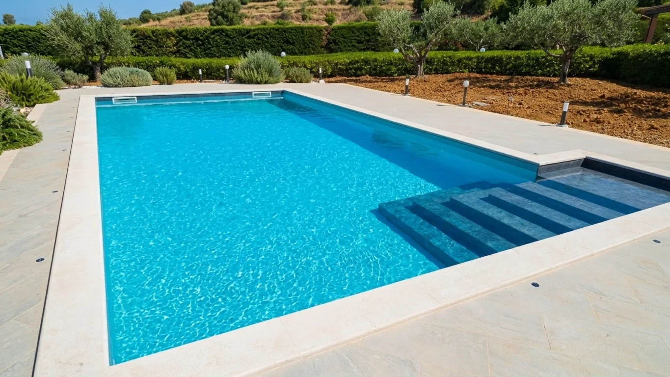 Piscina rettangolare a skimmer con ampia scala laterale sommersa