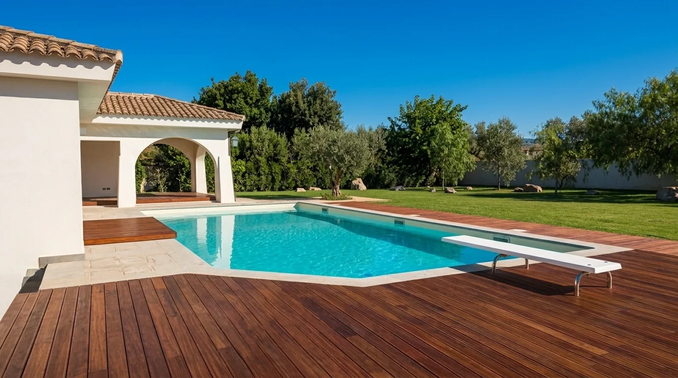 Piscina a skimmer con decking in legno e giardino