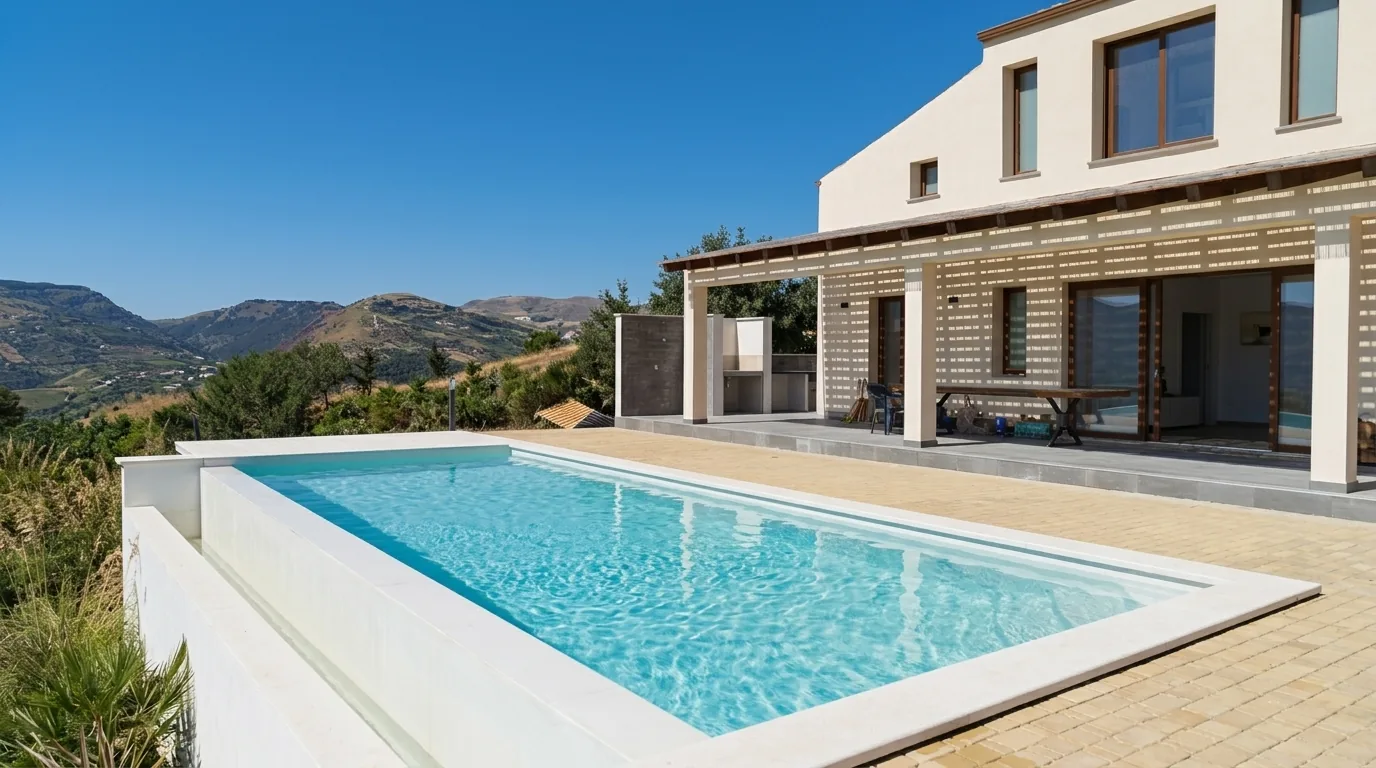 Piscina rettangolare a sfioro accanto a una villa contemporanea