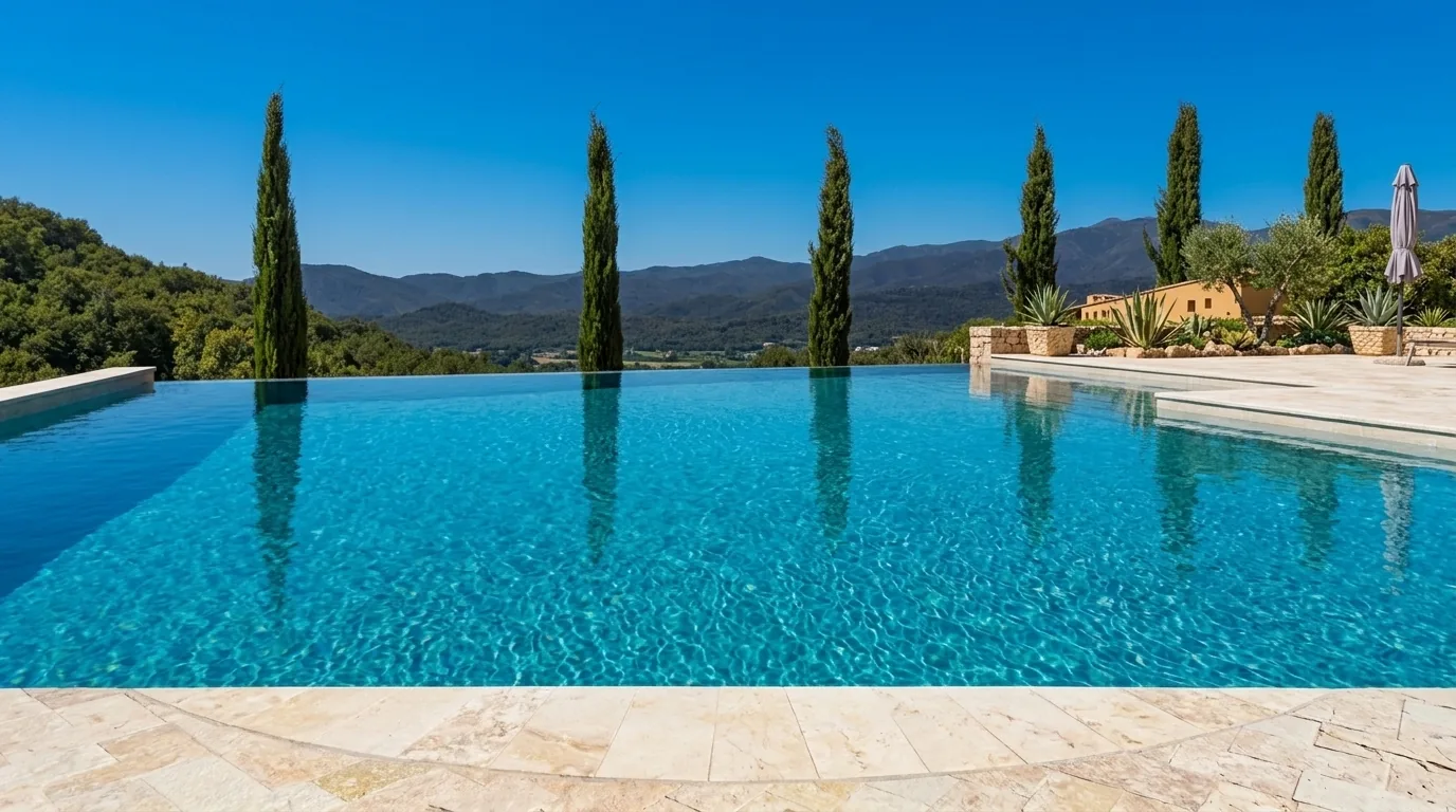 Piscina infinity con sfioro panoramico tra i cipressi