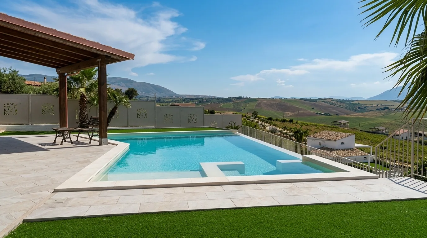 Piscina a tracimazione con spiaggia sommersa e panorama